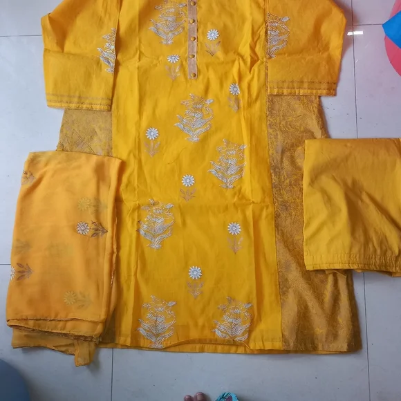 Biba printed cotton fabric yellow color kurta with pant and dupatta - Picture 3 of 5